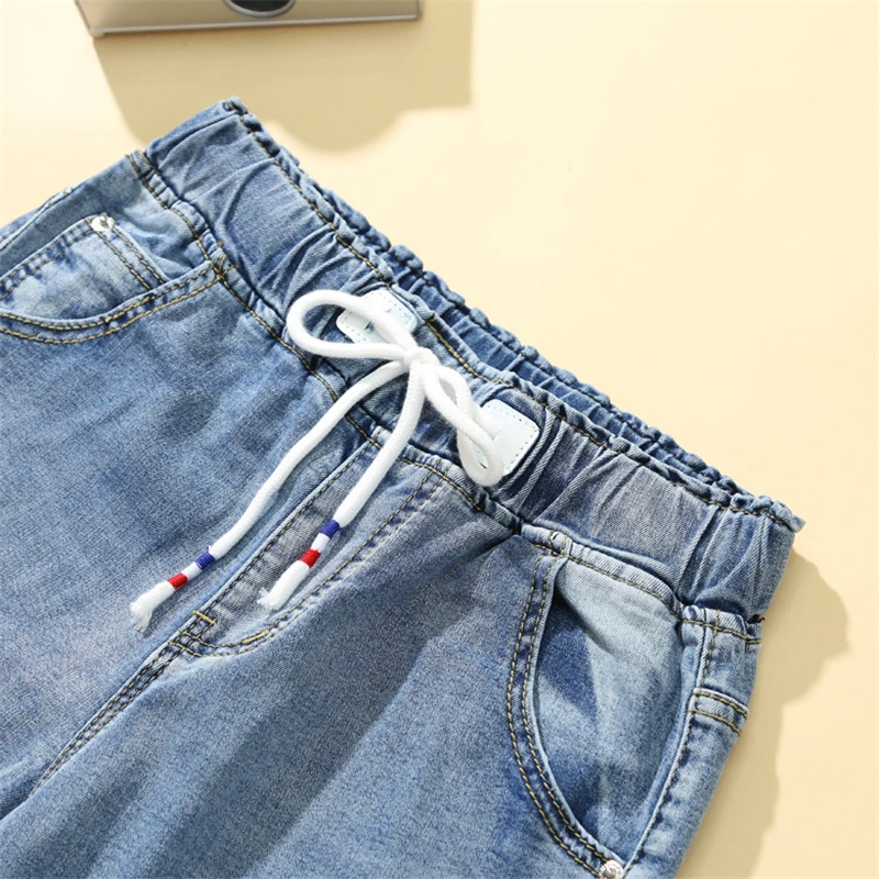 Vrouwen Lente Zomer Elastische Taille Borduurwerk Jeans Vrouwelijke Enkellange Denim Broek Kantoor Dame Baggy Losse Casual Broek