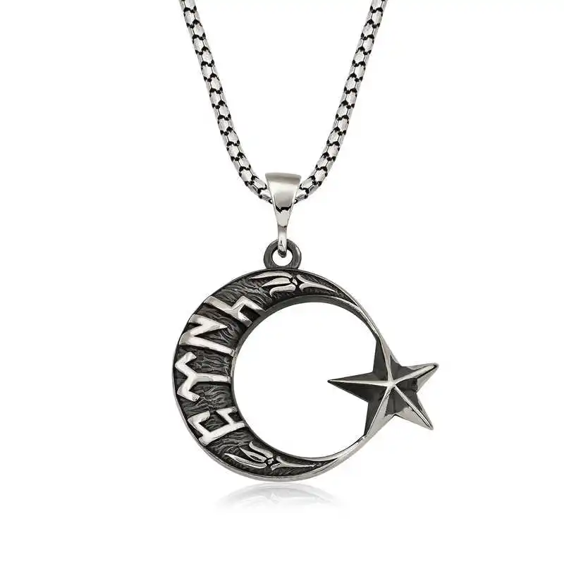 Silver Göktürkçe Turkish Written Moon Star Male Necklace 925 Sterling Men Jewelry Wedding Party Birthday Gift - Box - Pendant - Chain Choker - Man - Fashion