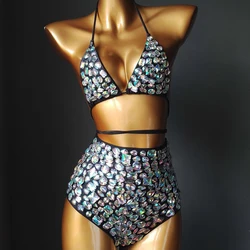 NEW Bikini Set Women Bling Diamante Carnival Bra Crop Top Crystal High Waist Panties Rave Festival Burning Man Outfit Club Wear