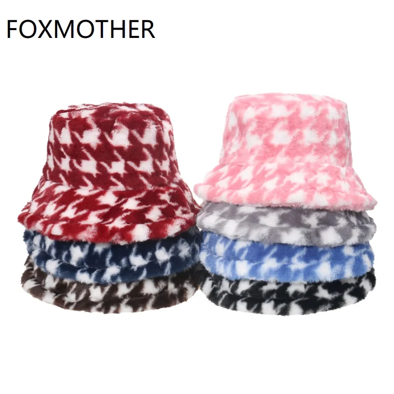 FOXMOTHER New Fashion Outdoor Vacation Lady Panama Thickened Soft Warm Fishing Cap Faux Fur Houndstooth Bucket Hat Women Winter