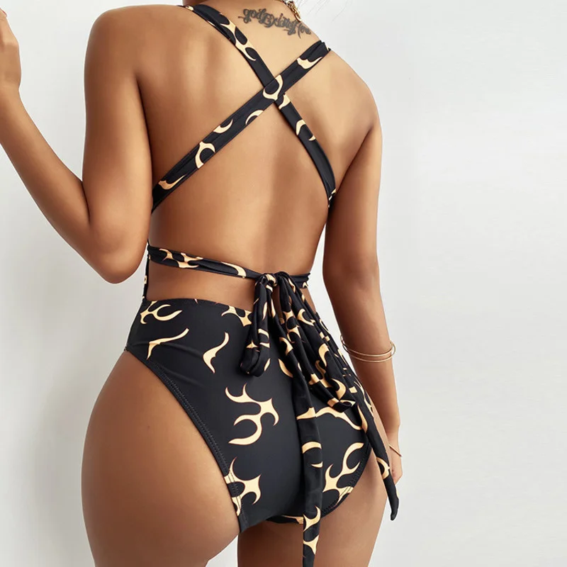 Backless Print jednoczęściowy strój kąpielowy zamknięte damskie stroje kąpielowe Push Up strój kąpielowy damskie Body strój kąpielowy bikini basen