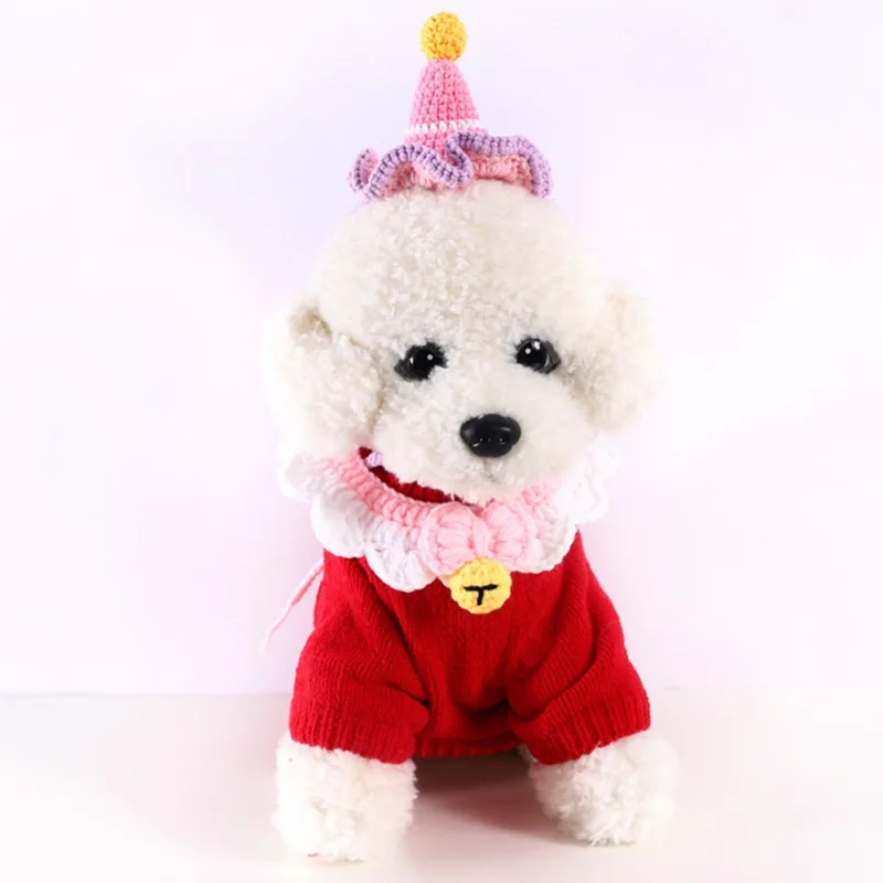 Pet Warm Hand-knitted Birthday Hat Christmas Party Hat Skin-friendly Puppy Kitten Outdoor Walking Hat Supplies, 3 Colors