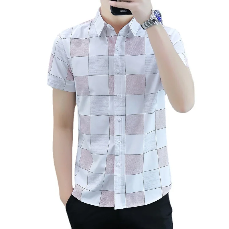 New Men's Casual Blouse All-match Cotton Lattice Shirt Loose Tops Short Sleeve Summer Simplicity Trend Youth Fashion Handsome