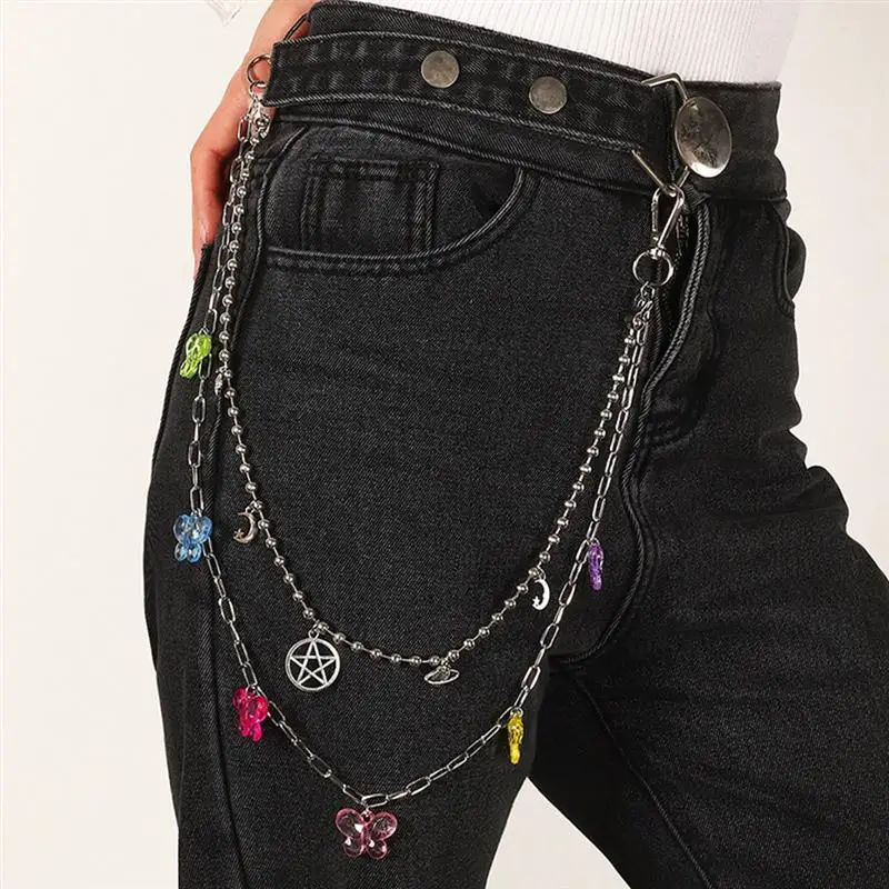 Women Men Pants Chain Punk Butterfly Belt Waist Chain Multi Layer Hook Trousers Keychain Jeans Chain HipHop Jewelry