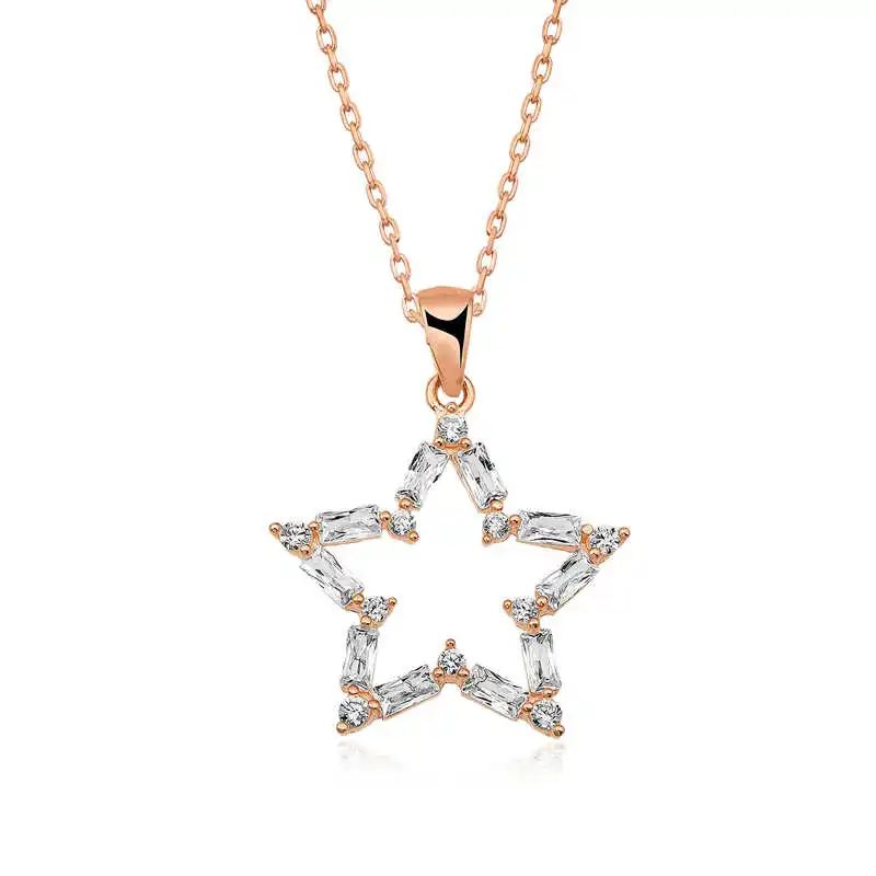 Silver Rose Baguette Stone Cubic Star Necklace 925 Sterling Women Fine Jewelry Wedding Party Birthday Gift - Box - Pendant - Chain Choker - Female - Ladies - Fashion