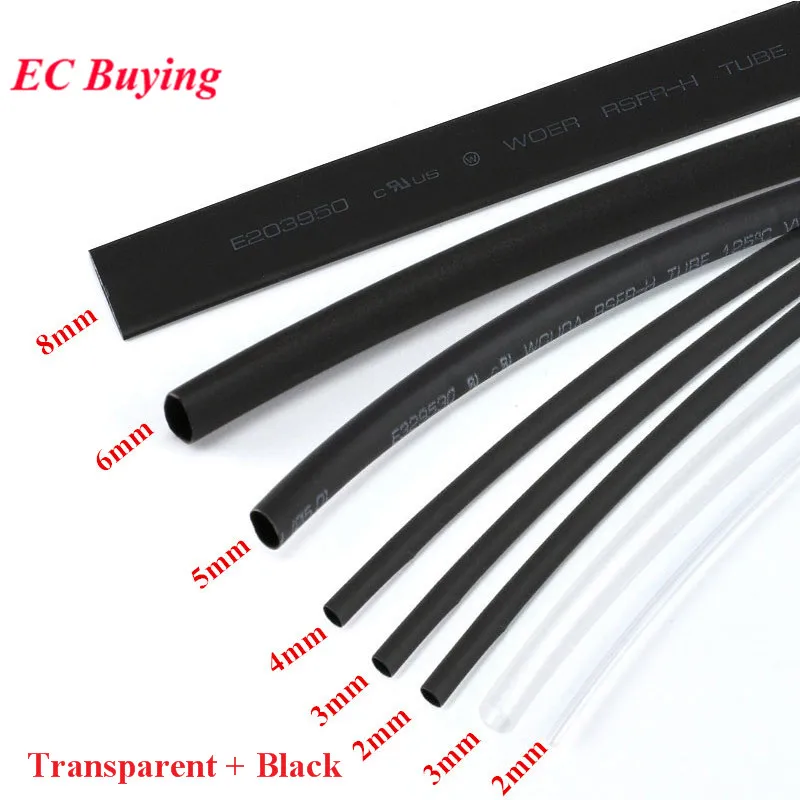1lot=8pcs Heatshrink Heat Shrink Tube Transparent + Black Insulation Sleeves Wire Wrap Cable Kit 6 Size 2mm/3MM/4MM/5MM/6MM/8MM