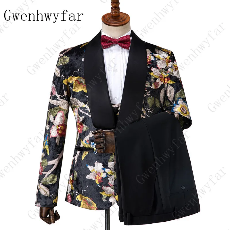 

Gwenhwyfar Men's Fashion Suit Mans Wedding Dress 3 Pcs Suits Flower Pattern Black Suits British Style Blazer With Black Pants