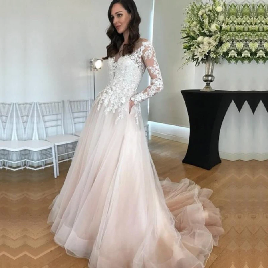 

Elegant Sheer Neck Tulle Applique Lace A-line Wedding Dress Long Sleeve Pocket Sweep Train vestido de noiva princesa Bride Dress