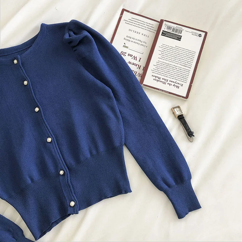 Cardigan da donna stile francese retrò monopetto o-collo manica a sbuffo design elegante vita definita maglioni chic Ulzzang lavorati a maglia