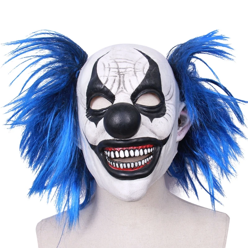 

Realistic Latex Blue Hair Smiling Clown Mask Halloween Haunted House Ghost Headgear Party Cosplay Scary Props LX0C