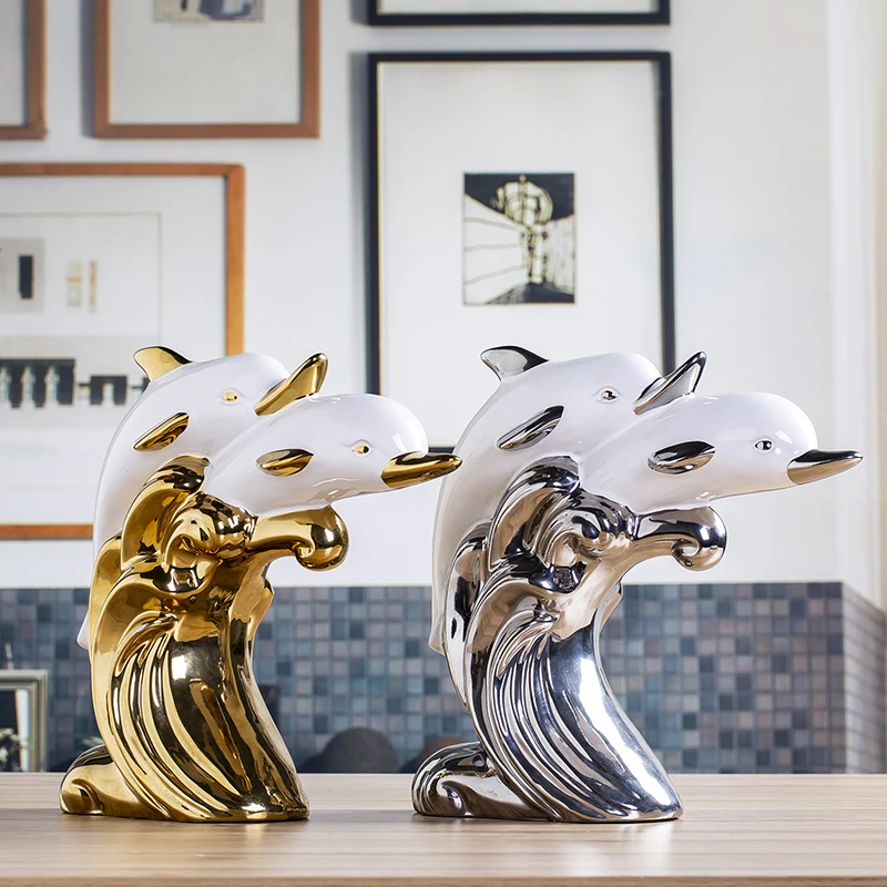 Fengshui Gold-plated Dolphin Swan Ceramic Sculpture Ornaments Decoration Home Room Desktop Furnishing Crafts Office Figurines