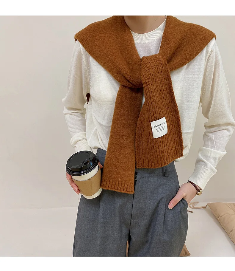 Woolen Knitted Warm Shawl Winter Korean Fashion Female Blouse Shoulders Fake Collar Cape Knotted Scarf