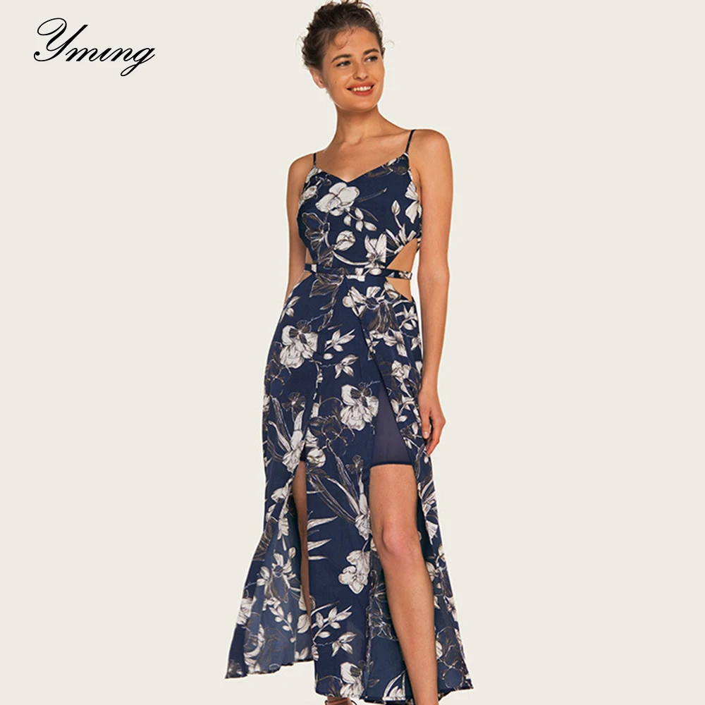 

YMING Women's Summer Beach Sling Tube Top V-neck Dress Elegant Floral Dresses Open-back Long Printed Dresses Women Beach Dresses