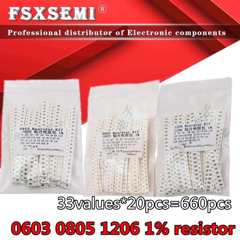 

33values X20pcs=660pcs 0603 0805 1206 SMD Resistor Kit Assorted Kit 1R 1ohm-1M ohm 1% Sample Kit New 1K 10K 100K 200K 680R