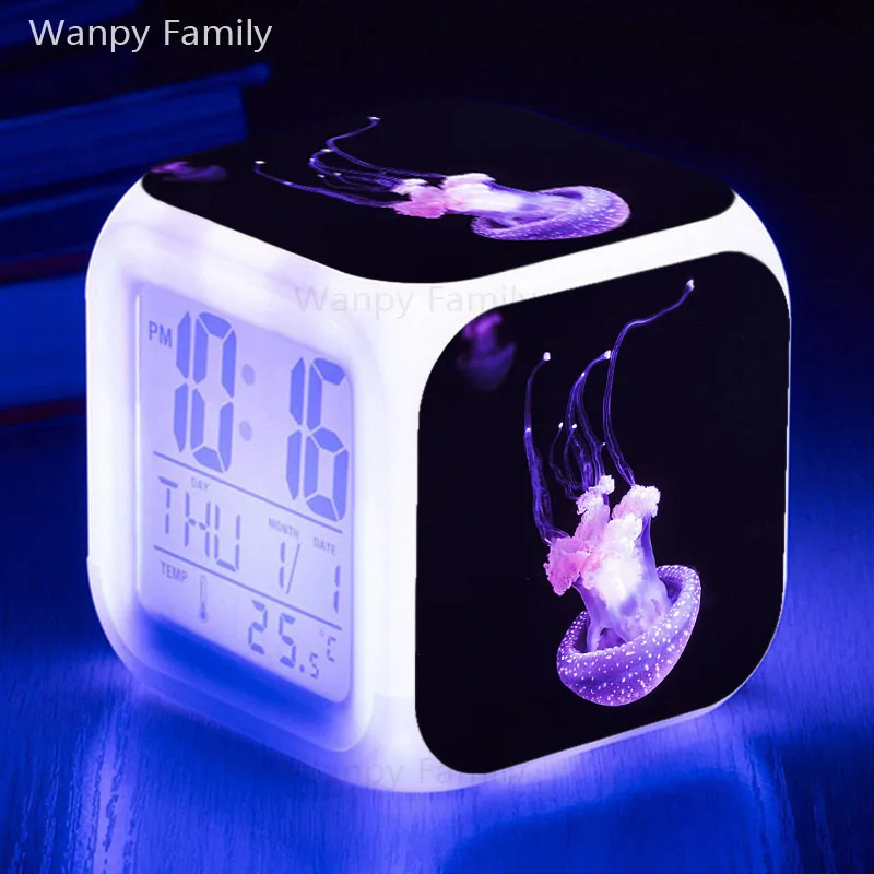 7 Color Glowing LED Digital Alarm Clock Kids Birthday Gift Jellyfish Multifunctio Touch Sensing Luminous Electronic Watch Clock