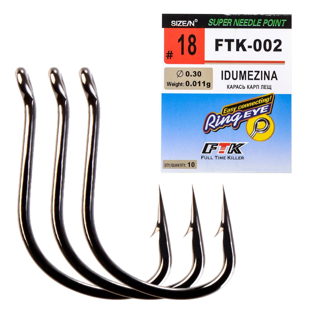 FTK 7-10pcs IDUMEZINA High Carbon Steel Fishing Hook 2#-22# Ring Eye Carp Fishhooks Shape Barbed Hook Japan Fishing Tackle