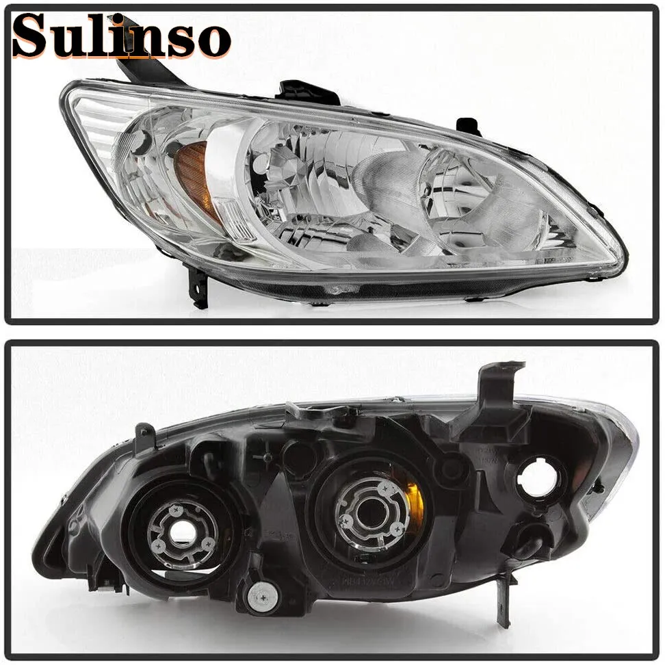 Sulinso 2pcs Headlight Assembly Compatible For Honda Civic 2004 2005 Chrome Housing Headlamps