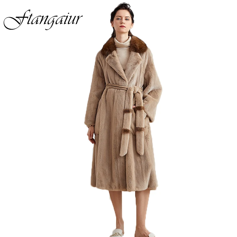 Ftangaiur New Winter Import Velvet Mink Coat With Sable Turn-Down Collar Natural Fur Coat Women X-Long Real Mink Fur Coats