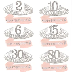 Birthday Digital Crown With Sash Set Crystal Letter Hair Hoop Party Headdress