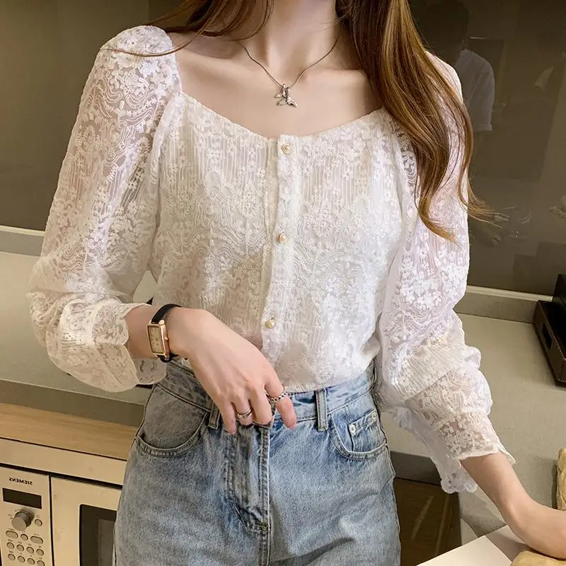 White Lace Tops 2020 Fall Autumn Long Sleeve Single Breasted Button Basic Shirts Preppy Style Women Hollow Out Crochet Lace Top