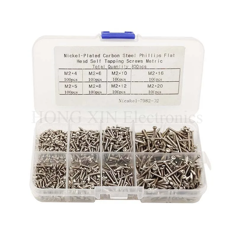 800pcs M2(2mm) Nickel Plated Carbon Steel Phillips Pan Head Self Tapping Screws Assortment Kit M2*4/5/6/8/10/12/16/20mm