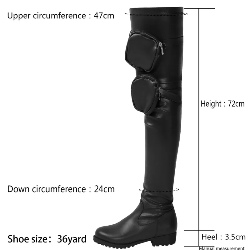 2023 Over The Knee Women Boots Pu Leather Low Heels Pocket Bags Boots Women\'s Thigh High Boots Autumn Winter Women Shoes