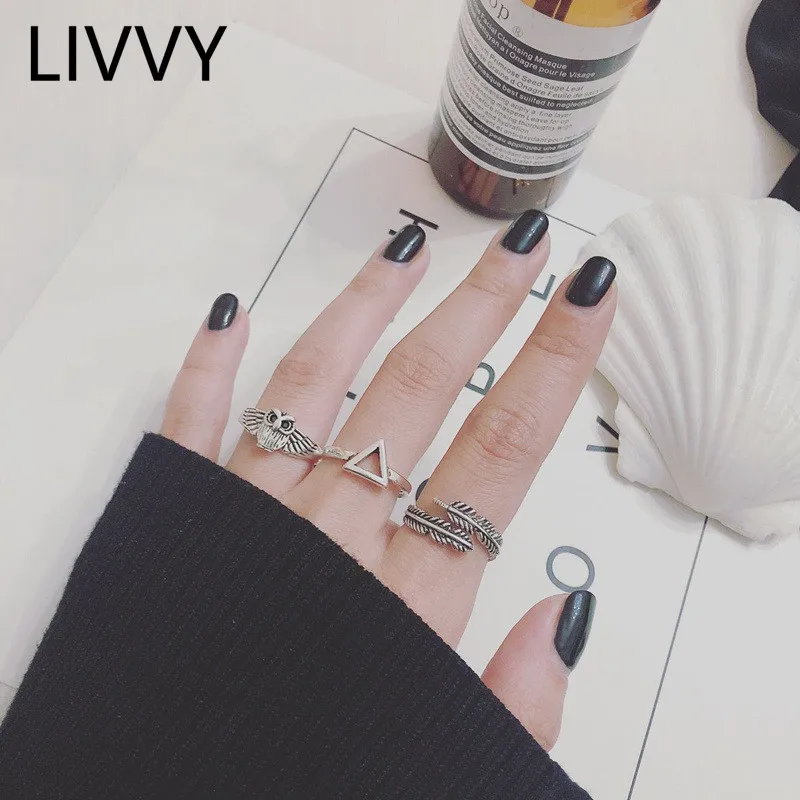 

LIVVY Silver Color Rings Owl Feather Hollow Triangle for Women Men Thai Silver Rings Retro Jewelry Gifts