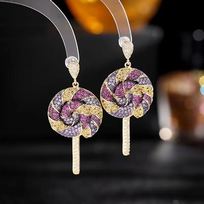 EYER Luxury Multicolor Round Dangle Drop Earrings Trendy Cubic Zircon Wedding Engagement Party Lollipop Earrings for women 2021