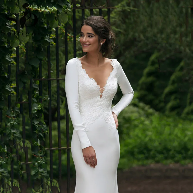 Langarm Meerjungfrau Hochzeit Kleid 2022 V Neck Sehen Durch Illusion Zurück Weiß Brautkleider mit Spitze Appliques Hochzeit kleider