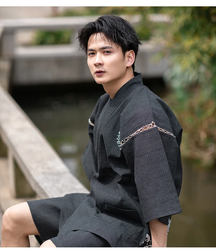 Kimono Uomo In Cotone Giapponese – Set Di Due Pezzi (Top E Pantaloni Larghi) Jacquard, Comodo E Leggero, Abbigliamento Estivo E Tempo Libero