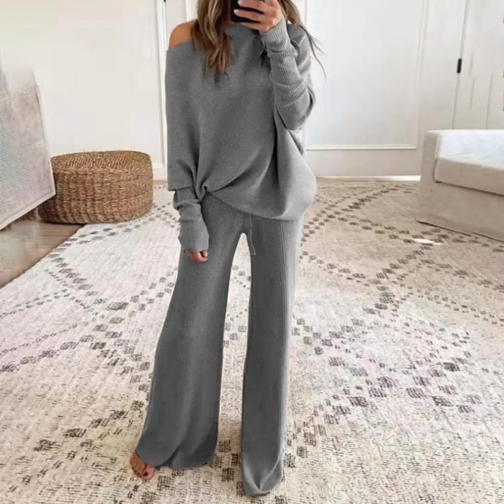 2pcs Autumn Winter Pant Suits Women Outfits Knitted Pullover Top Wide Leg Pants Two-piece Set Women Tracksuits комплекты одежды