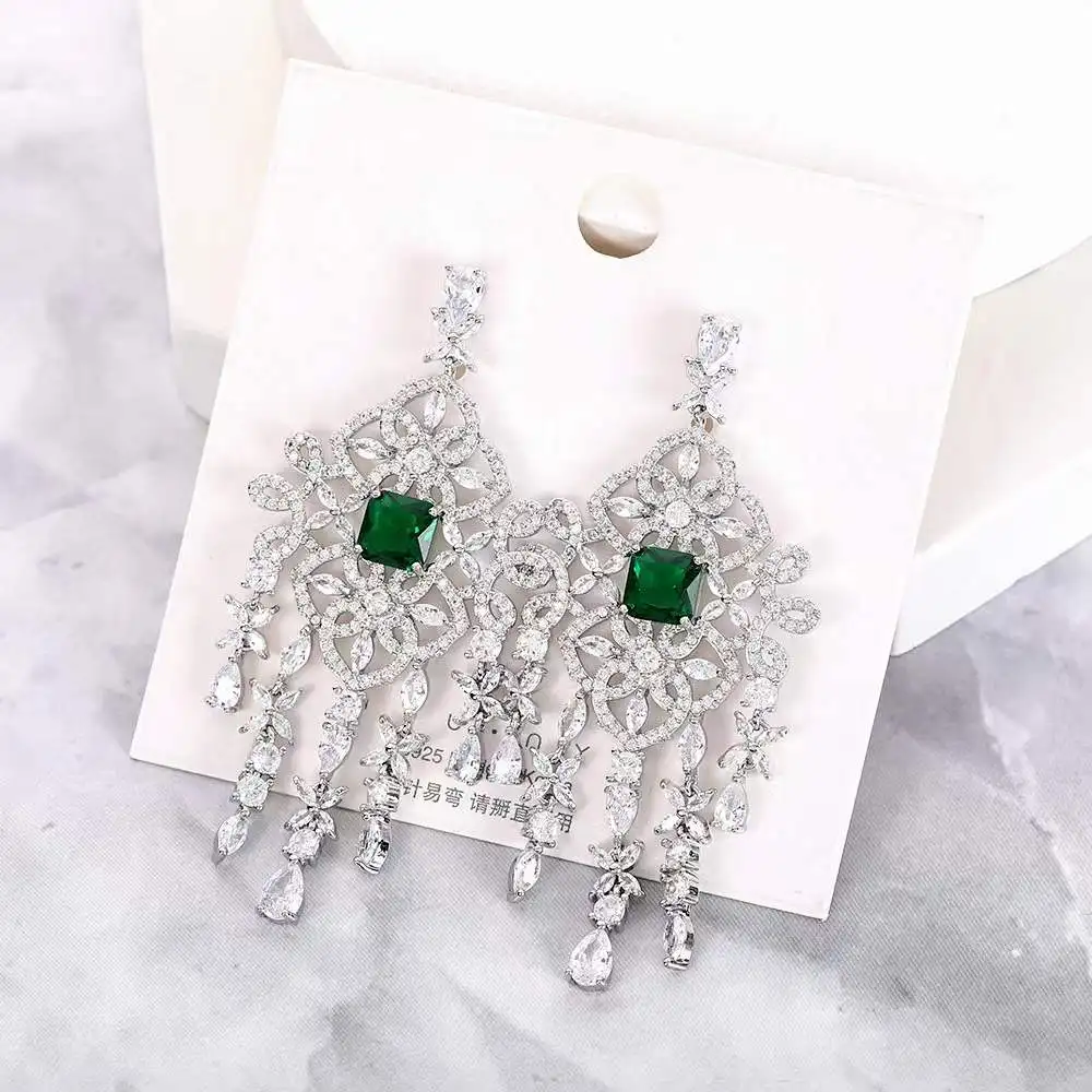 

EYER New Luxury Silver Color Pendant Drop Earrings Green Zircon Crystal Dangle Earrings Fashion Jewelry For Women Evening Party