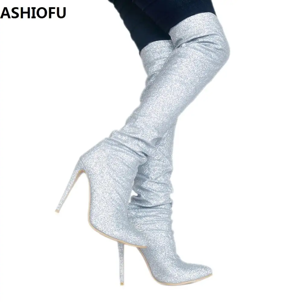 

ASHIOFU Handmade Womens Glitter Thigh High Boots Sexy Night Club Party Prom Over Knee Boots Fashion Evening Long Boots Shoes