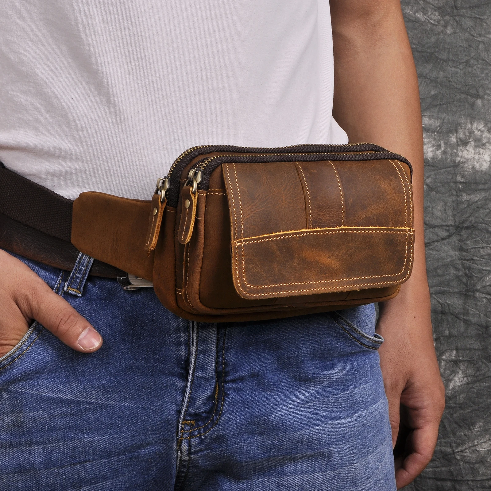 Brand Natural Leather men Casual Retro Blue Travel Clutch Fanny Waist Belt Bag Chest Sling Bag Design Phone Cigarette Pouch 341