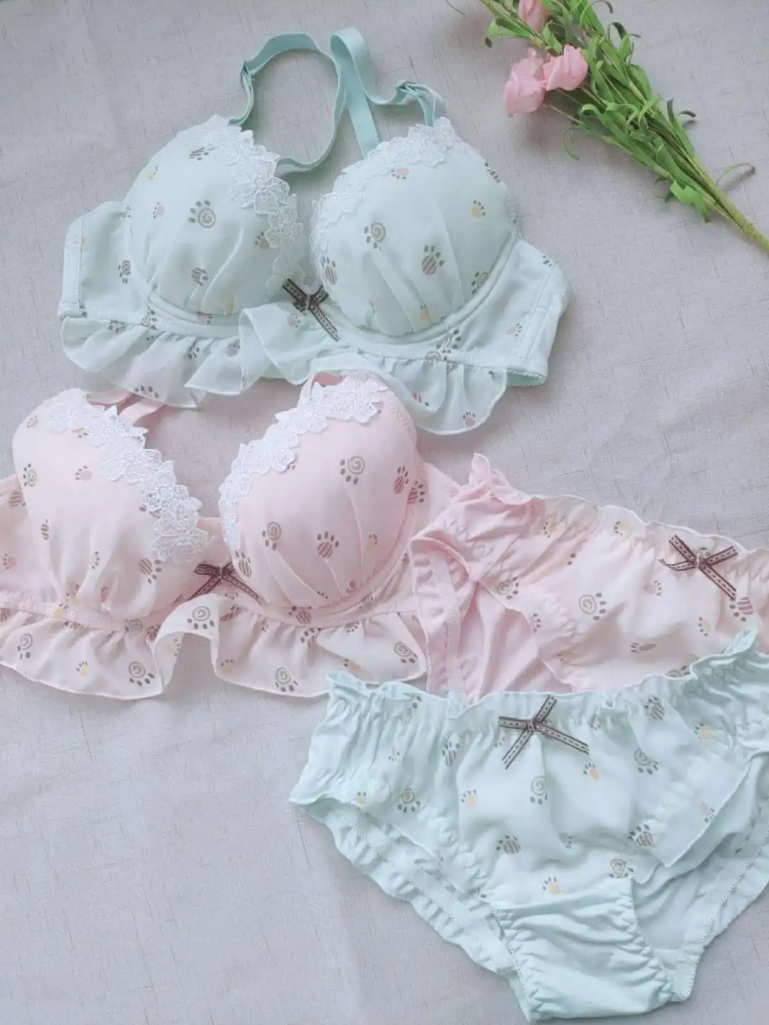 Sweet my melody girly low-hearted comfortable bralette chiffon water-soluble flower bra set gathered ladies lingerie panty