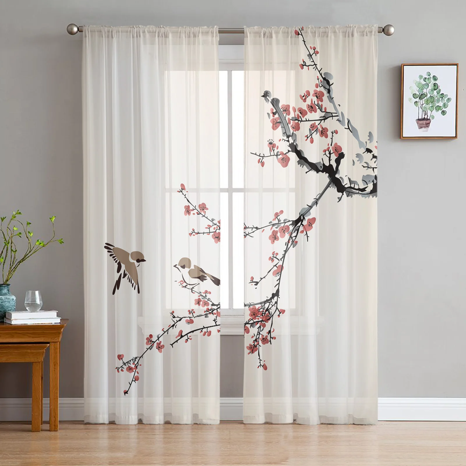 Plum Blossom Bird Chinese Style Sheer Curtains for Living Room Bedroom Kitchen Tulle for Windows Voile Yarn Curtains for Bedroom