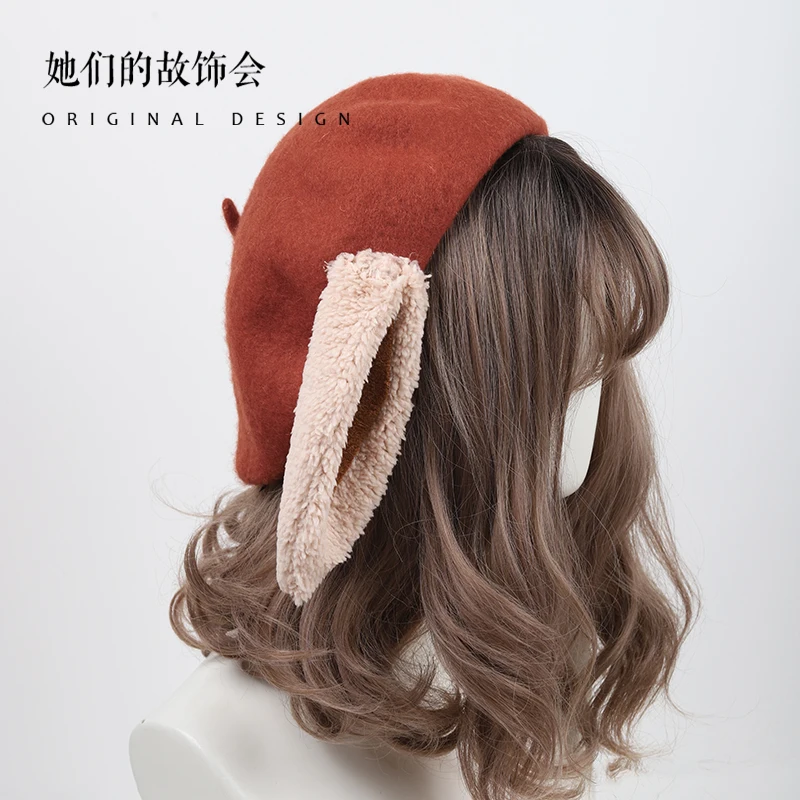 Cute Beret Women Hat Cartoon Bunny Ears Winter Warm Wool Cap boinas boina mujer