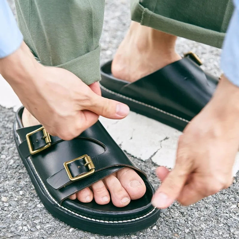 High Quality Mens Summer Cowhide Natural Leather Slide Sandals Buckle Slip On Slippers Man Designer Thick Platform Beach Sandals