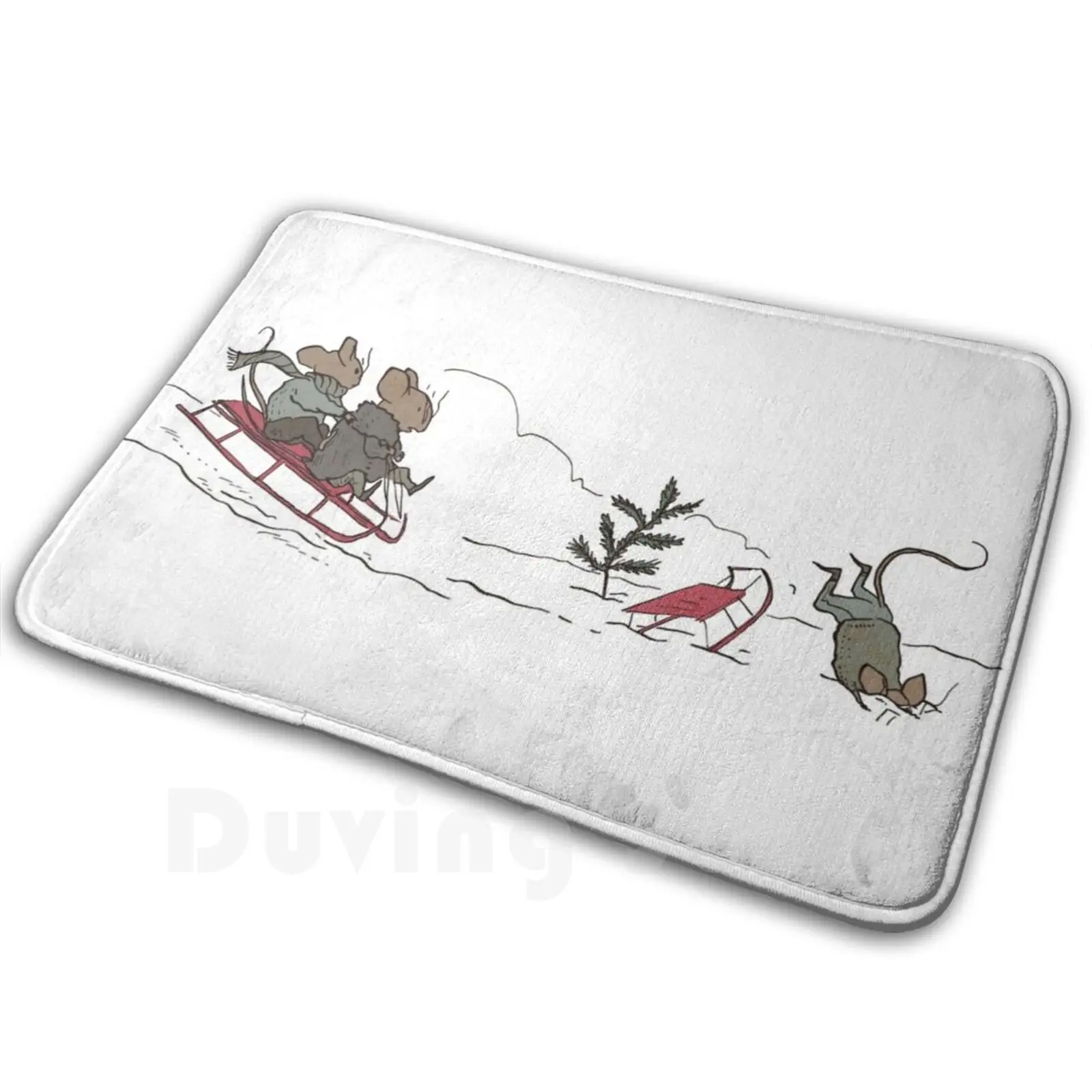 Sledding Mice Mat Rug Carpet Anti-Slip Floor Mats Bedroom Mice Mouse Sled Sleigh Snow Winter Christmas Holiday