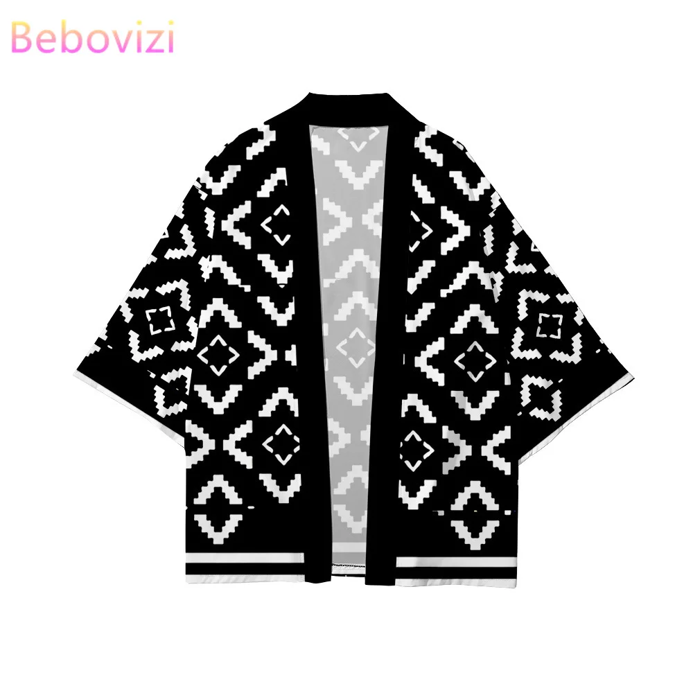 Camisa solta estampada geométrica para homens e mulheres, cardigã japonês, quimono Harajuku, blusa de praia Yukata, roupas plus size Haori, moda