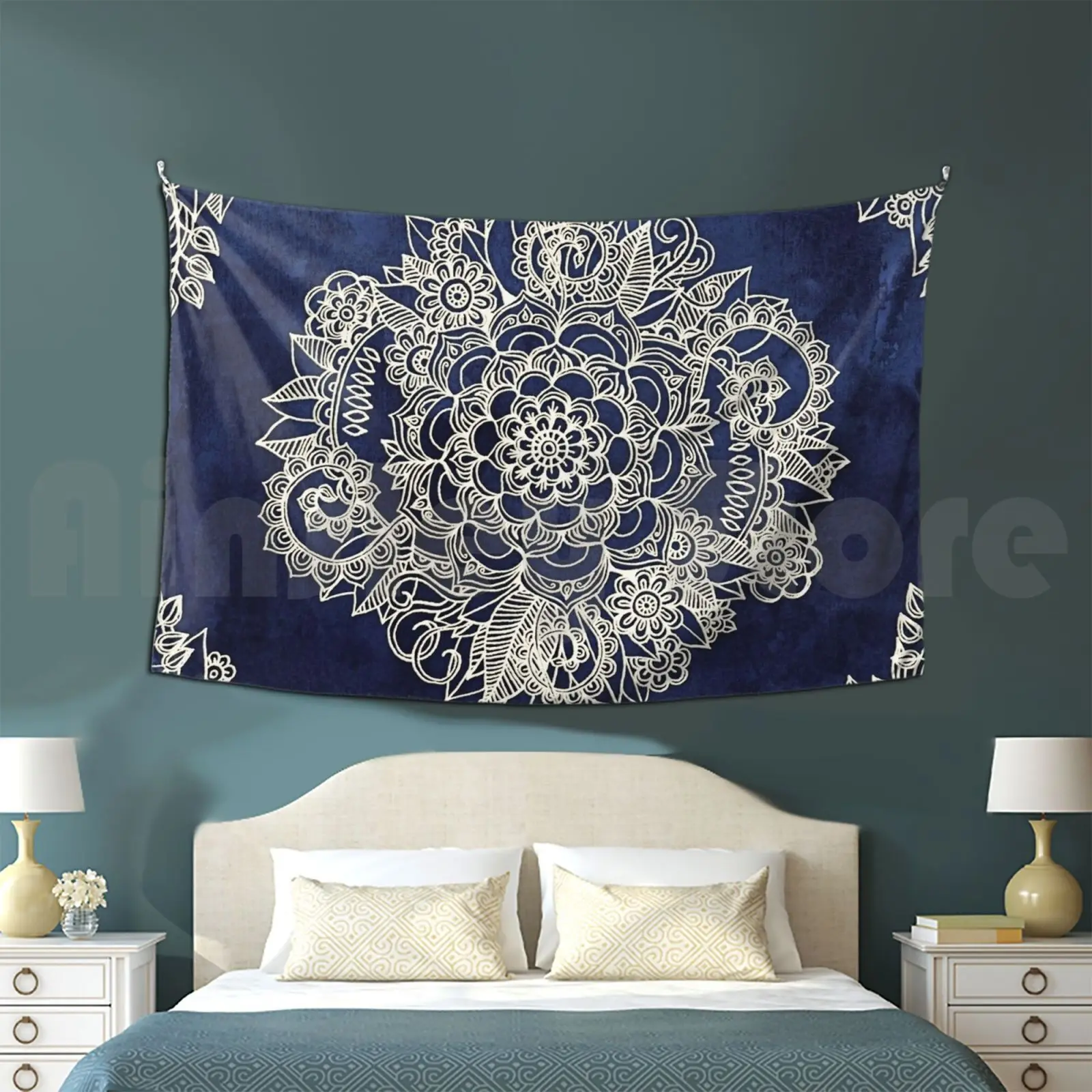 

Cream Floral Moroccan Pattern On Deep Indigo Ink Tapestry Background Wall Hanging Floral Pattern Moroccan Doodle