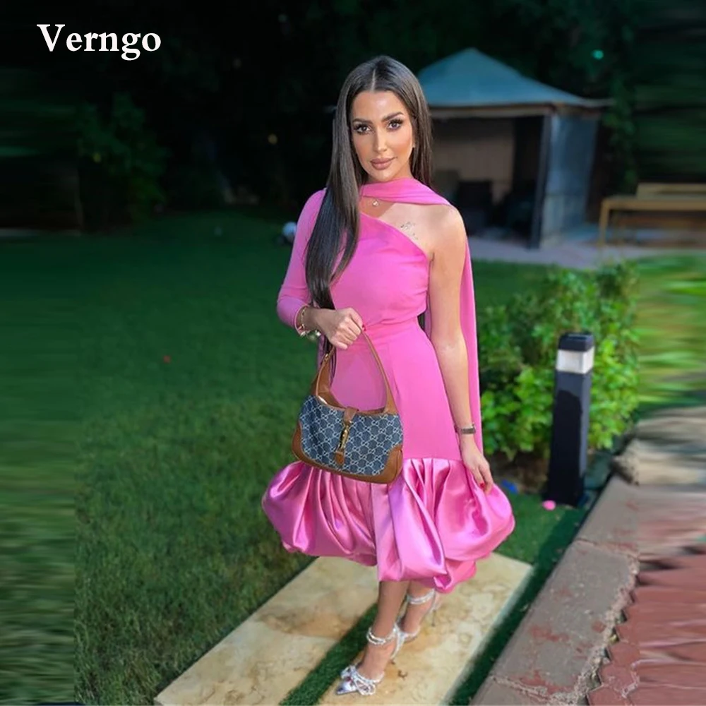 Verngo simples rosa vestidos de baile um ombro manga longa cetim chá comprimento vestidos de noite arabric feminino vestido de festa plus size