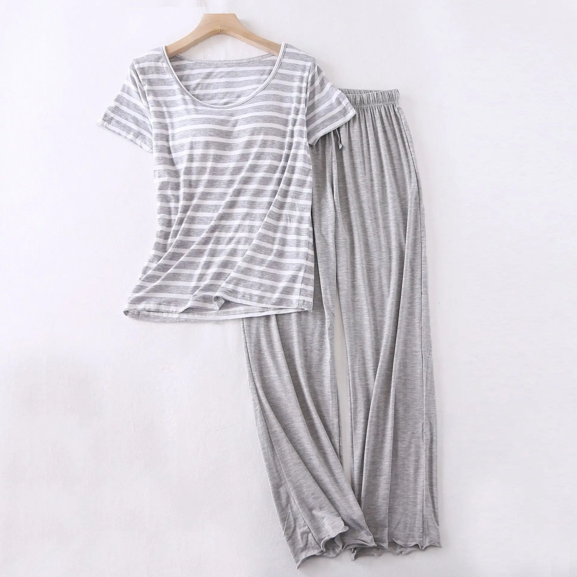 Summer Women Pijama Modal Striped Pyjama Femmes M-XXL plus size Women Sleepwear Short Sleeve With Chest Pad Pajama set