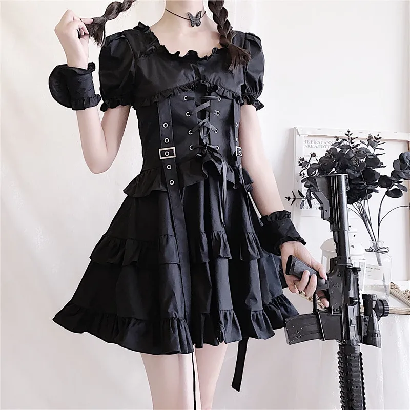 YBYR Black Gothic Lolita Dress Japanese Girl Punk Style Puff Sleeve Bandage Mini Dress Women Sexy Ruffles Dresses Club Clothes