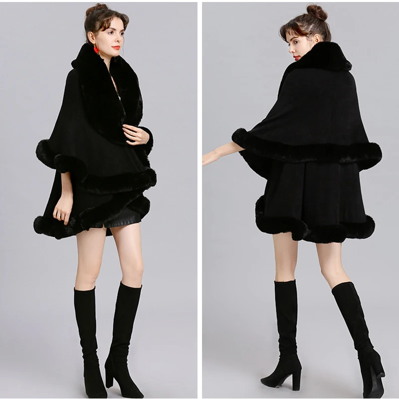 Double Layer Luxury Faux Rabbit Fur Coat Cape Winter Women V Lapel Knit Acrylic Cloak Overcoat Long Thick Cardigan