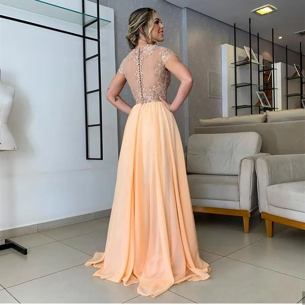 Gaun Malam 2021 Orange Lengan Panjang Lantai Panjang Chiffon Renda Appliques O-Leher Cantik Lengan Pendek Wanita Pesta Formal