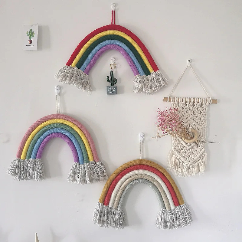 INS Nordic Woven Rainbow Tapestry Cotton Hand-knitted Tassel Wind Chimes Kids Room Decoration Wall Hanging Ornaments Photo Props