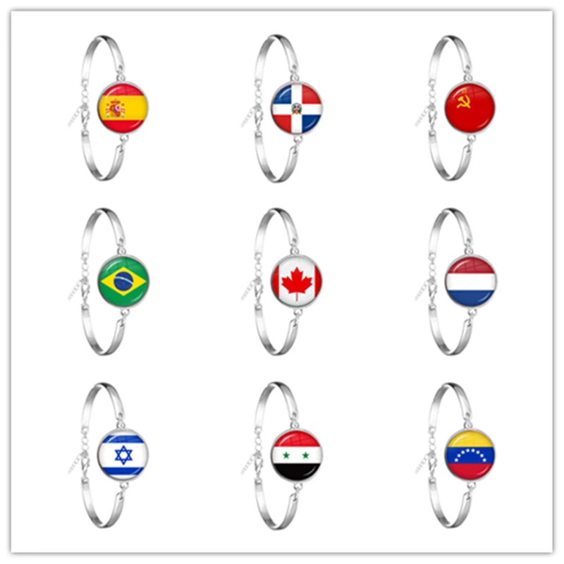 

Soviet Union,Brazil,Canada,Netherlands,Israel,Syria,Venezuela,United States,Spain National Flag Glass Cabochon Chain Bracelet
