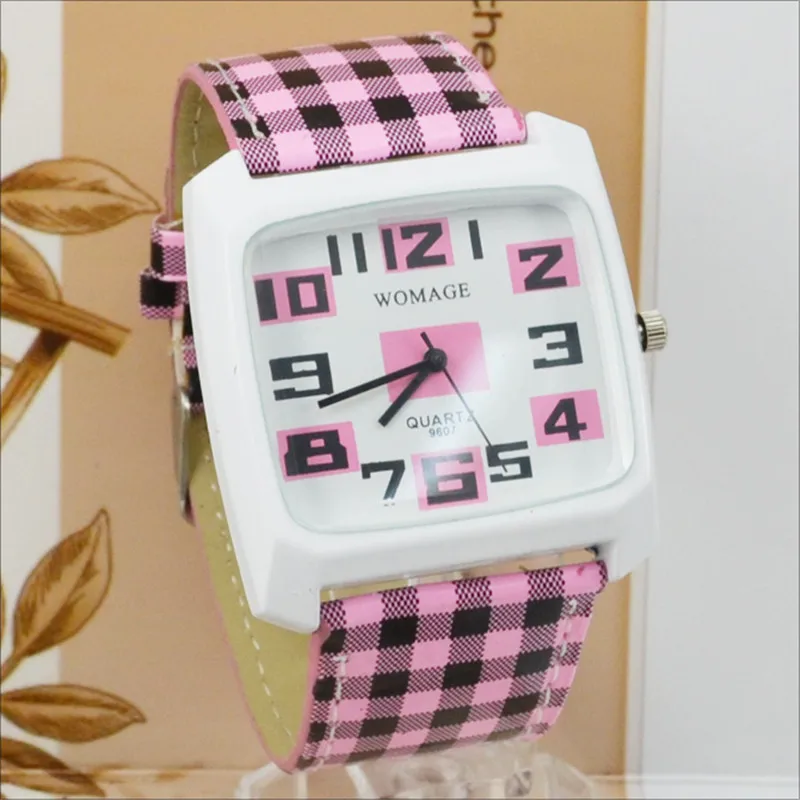 Womage Jam Tangan Wanita Dial Persegi Gaun Jam Modis Strip Jam Mark Grid Sabuk Kulit Jam Tangan Gelang Kuarsa untuk Wanita Relojes