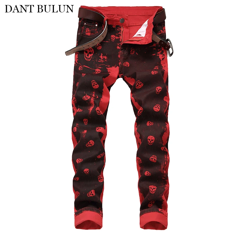 Men Jeans Brand Straight Slim Denim Jean Skull Printed Designer Cotton Pants Hip Hop  Elasticty Pencil Pants Streetwear Hombre